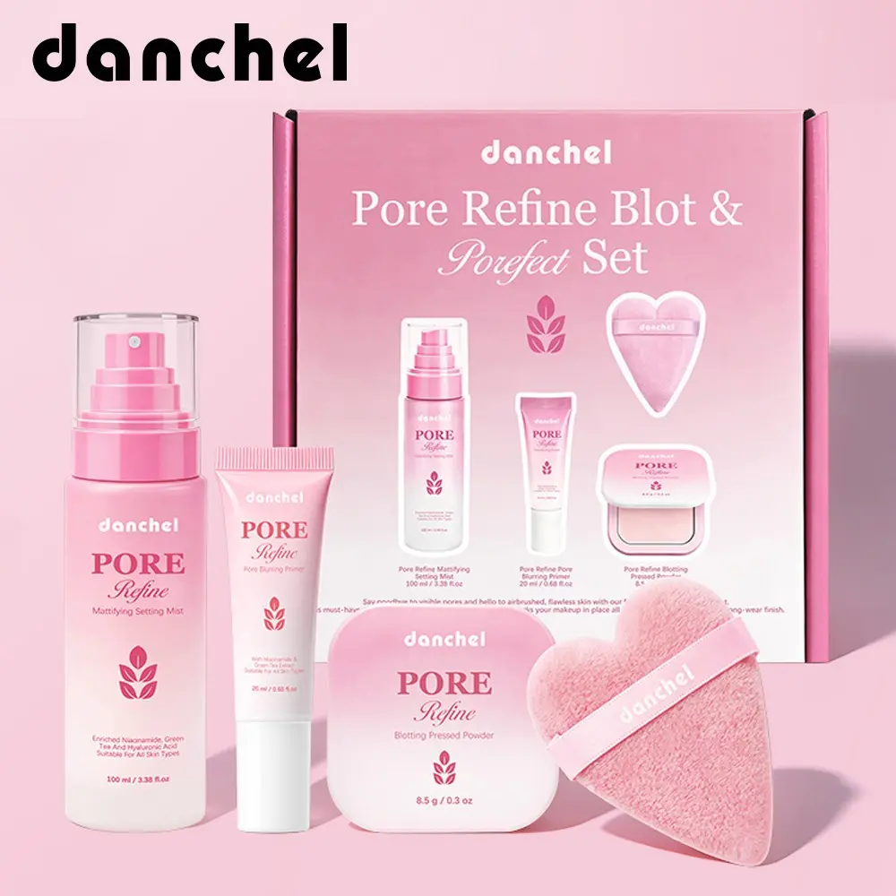 danchel Pore Refine Blot & Porefect Set, All-in-One Makeup Kit, Cosmetic Set, Includes Pore-Blurring Primer, Mattifying Setting Mist & Oil-Absorbing Pressed Powder, Long-Lasting Wear for Oily & Pore-Prone Skin