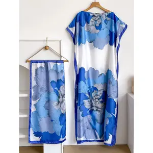 Elegant Floral Long Robe Set – Moomoo Dress with Headscarf, Satin Silk Boho Beach Cover Up & Sun Protection Summer Outfit