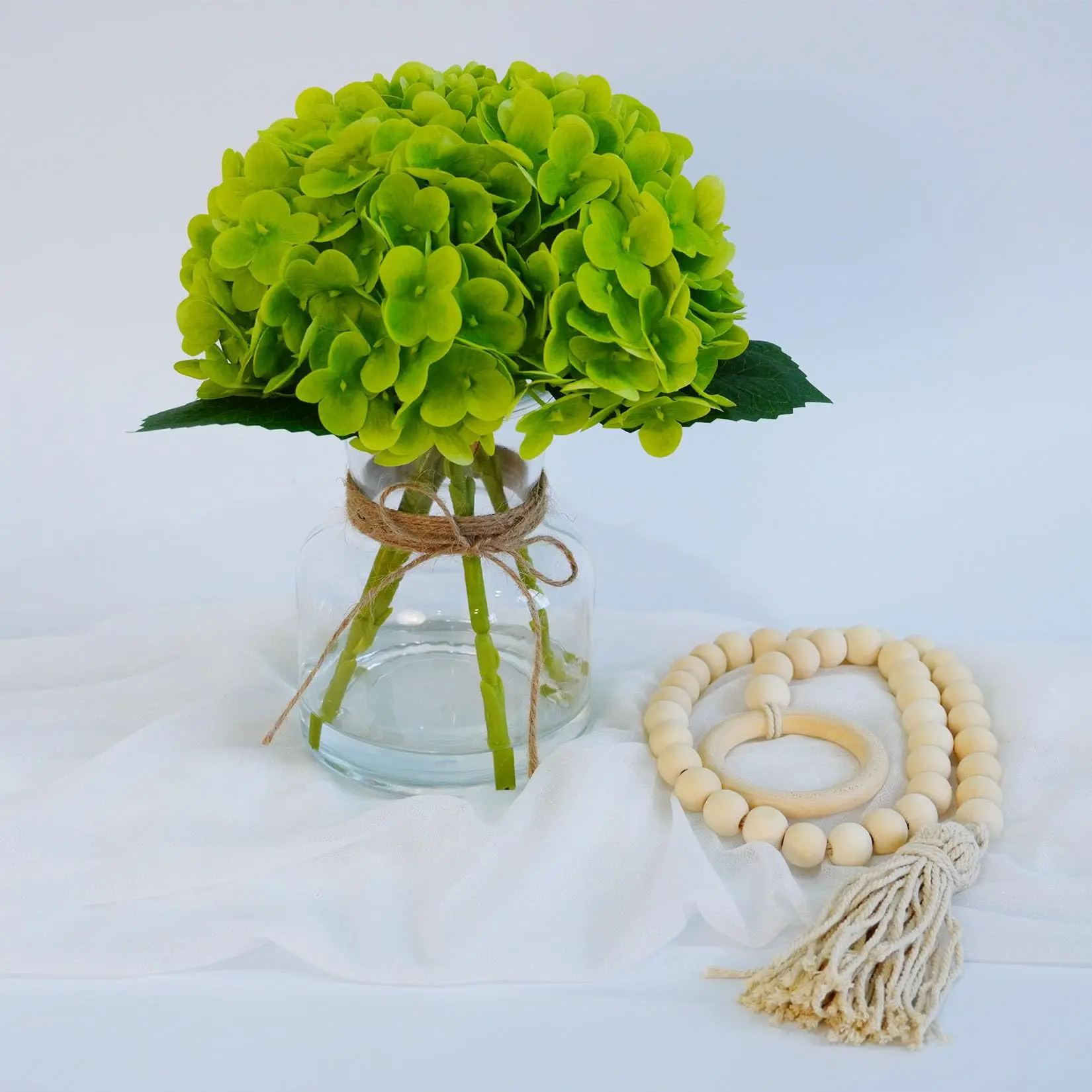 Real Touch Pink Hydrangea Artificial Flower Set with Faux Water Base, Glass Vase, Wood Bead String, Decor Garland - Modern Silk Floral Centerpiece for Home, Wedding Decor, Farmhouse Maintenance-Free Arrangement