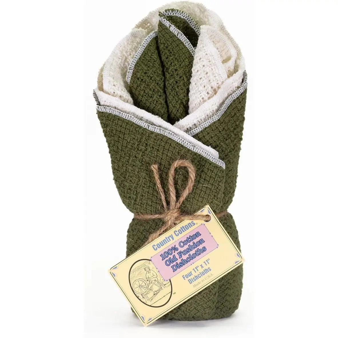 Old Fashion 100% Cotton Dishcloths - Set of 4 Mixed Colors - 2 Sage/2 Natural -11" x 11"