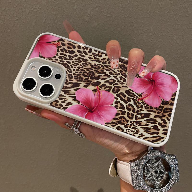Multi-Functional Magnetic Case for iPhone11 12 13 14 15 16 Plus 17 promax Bold Leopard Print & Pink Hibiscus MagSafe Ready, Anti-Fall,Ultra-Thin Design Perfect for Everyday Use