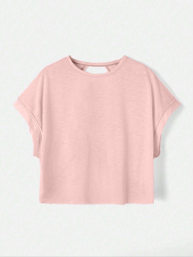 Women's Plain Cut-Out Asymmetrical Hem Batwing Sleeve Tee, Casual Short-Sleeve Round-Neck T-Shirt for Summer, Ladies' Clothing for Daily Wear