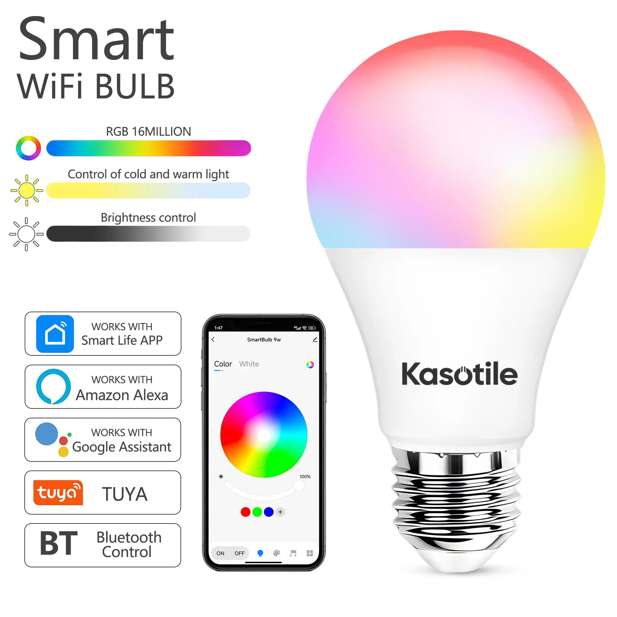 Kasotile Smart RGB LED Light Bulb, APP-Controlled, Adjustable Color Temperature, Ideal for Home Decor & Parties, Energy-Efficient Design