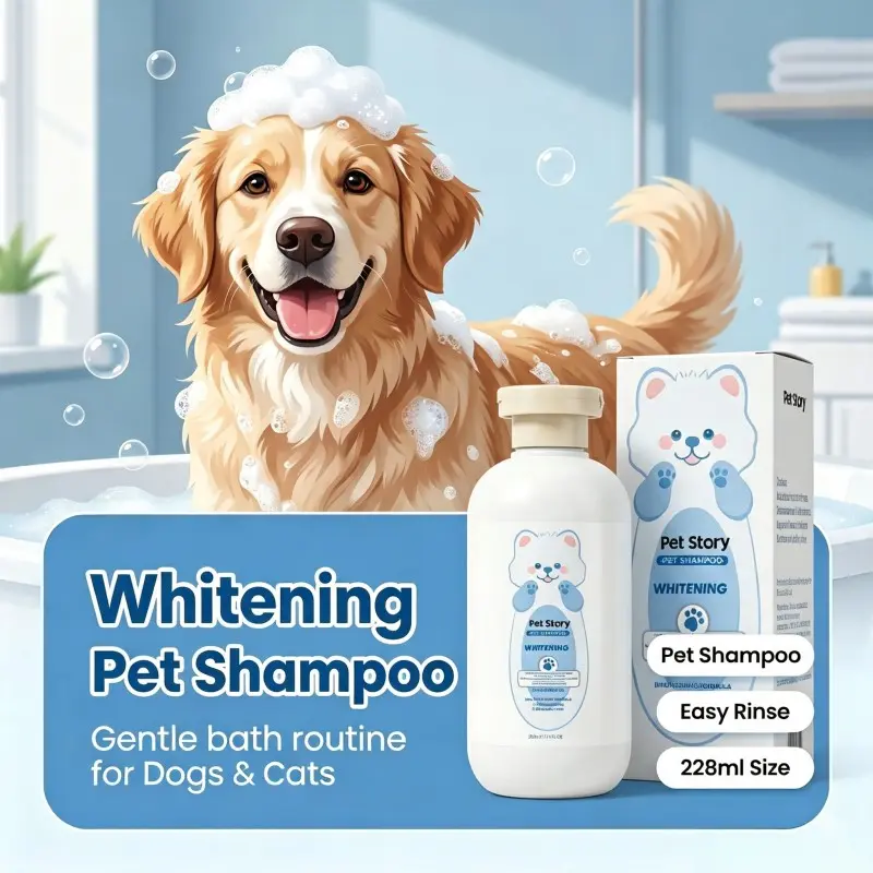 Pet Whitening Shampoo for Dogs & Cats, Pet Story Brightening Coat Wash Concentrated Gentle Formula, Easy Rinse Deep Clean, Brightens White Fur & Enhances Coat Color, Daily Grooming Pet Bath Shampoo 228ml