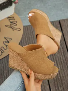 Matte Faux Suede Open-Toe Wedge Sandals, Wide Fit, Natural Wood Texture, Slip-On Design, Caramel &, Perfect for Vacation