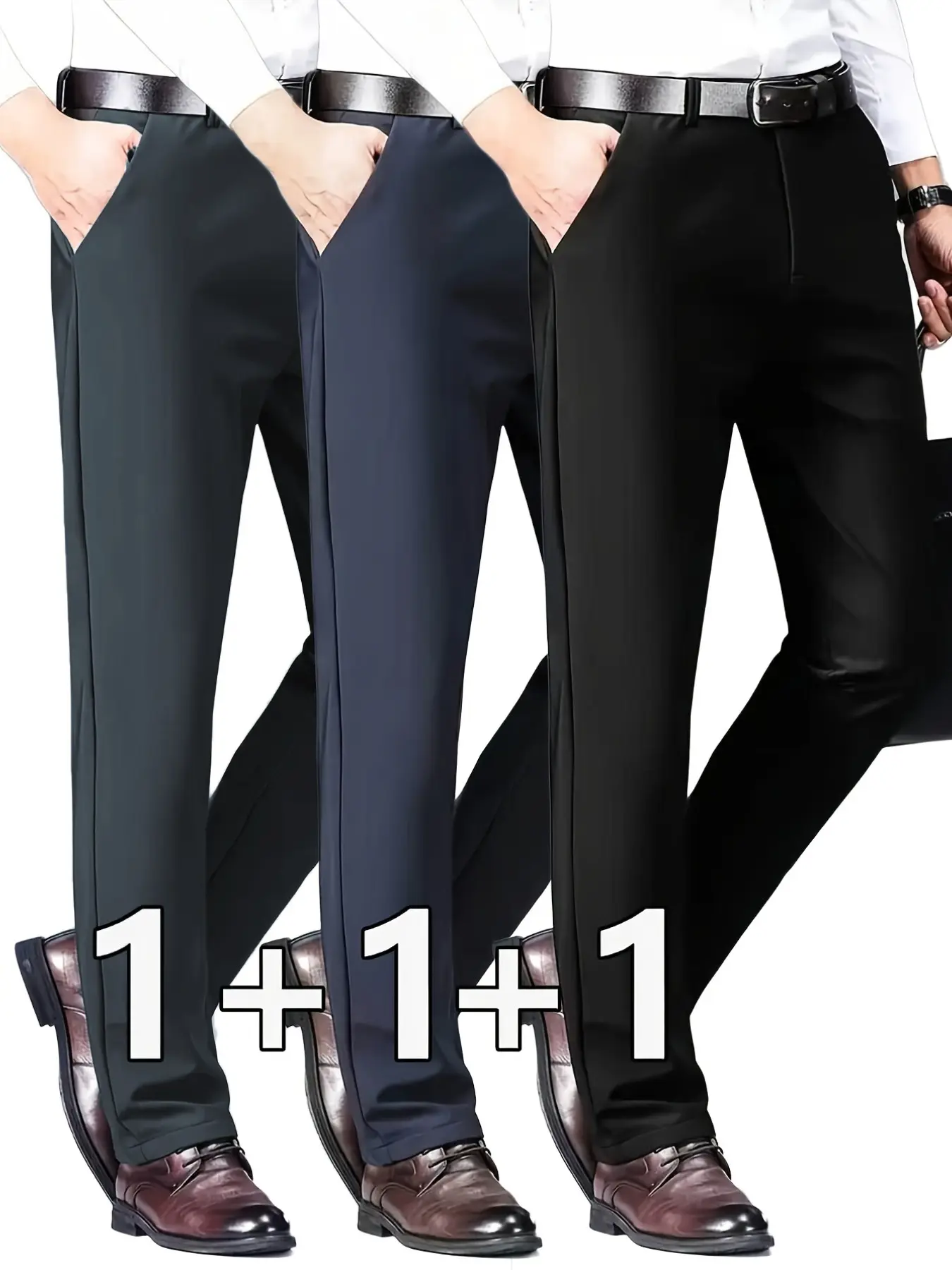 Three-Pack Business Casual Straight Leg Men's Blazer Pants, Business Suit Pants, Slim Fit, High Elasticity, Wrinkle-Resistant, Ankle Length, Multiple Colors
