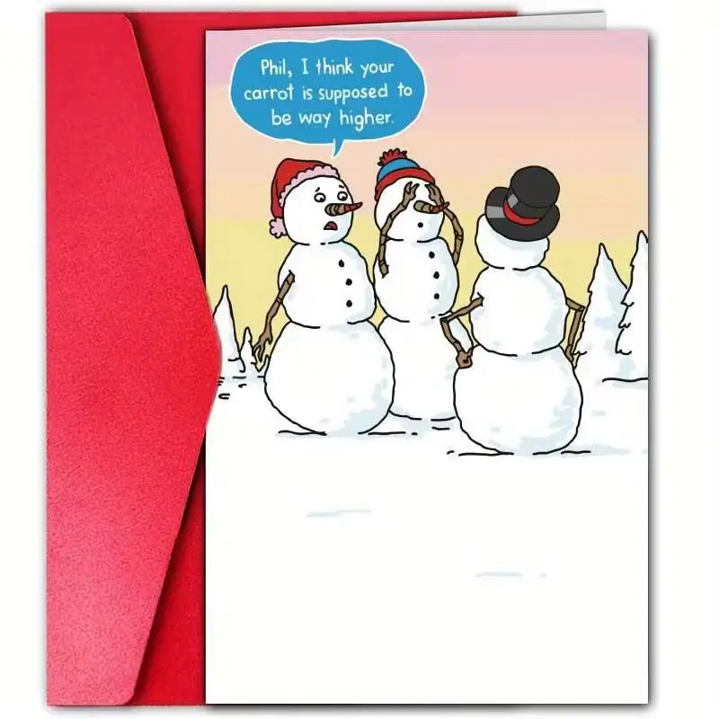 1pc Funny Christmas Greeting Card Phil I Think Your Carrot Is Supposed to Be Way Higher Cartoon Snowman Carrot Joke Holiday Card for Friends Family Coworkers Christmas Gift Blank Inside With Envelope