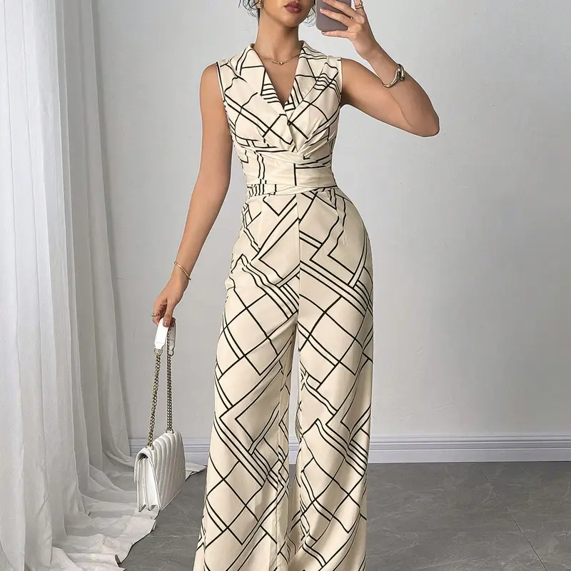 [Plus Size] All Over Geometric Print Shirred Dress, Elegant Fashion Casual Sleeveless A Line Dress for Daily Outdoor Wear, Women Plus Womenswear Clothing for Summer, Fit Sundresses, Jumpsuit, Chic Beach Wear