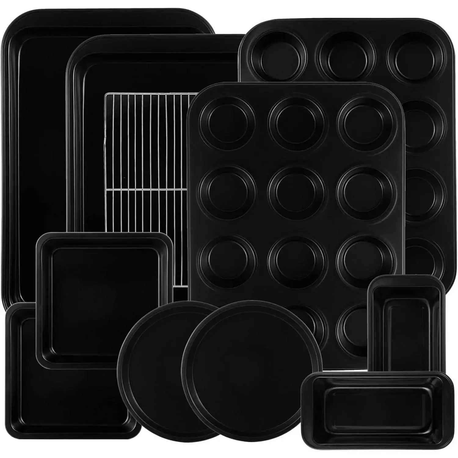 Black 11-Piece Multi-Size Nonstick Carbon Steel Bakeware Set - Professional Grade Kitchen Supplies, Premium Coating, Dishwasher Safe, Stackable, Oven Safe to 450 °   F