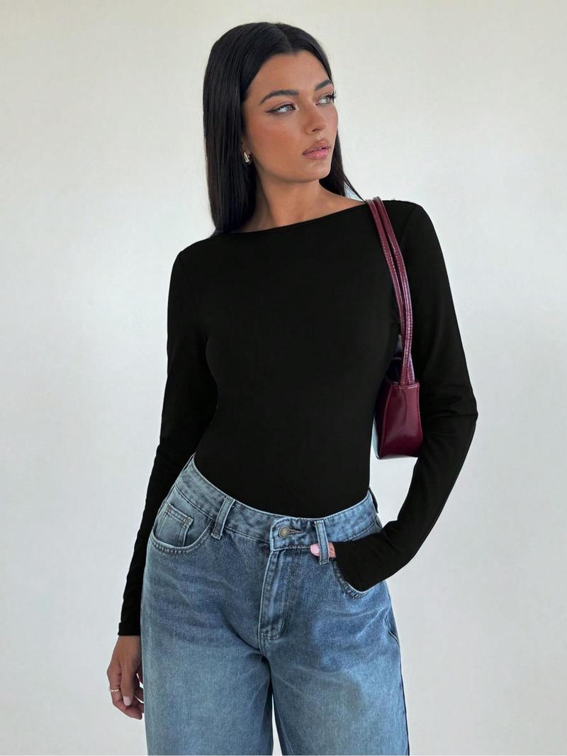 Women's Plain Contrast Lace Backless Tee, Elegant Fashion Casual Long Sleeve T-shirt for Daily Outdoor Wear, Ladies Clothes for Spring & Fall