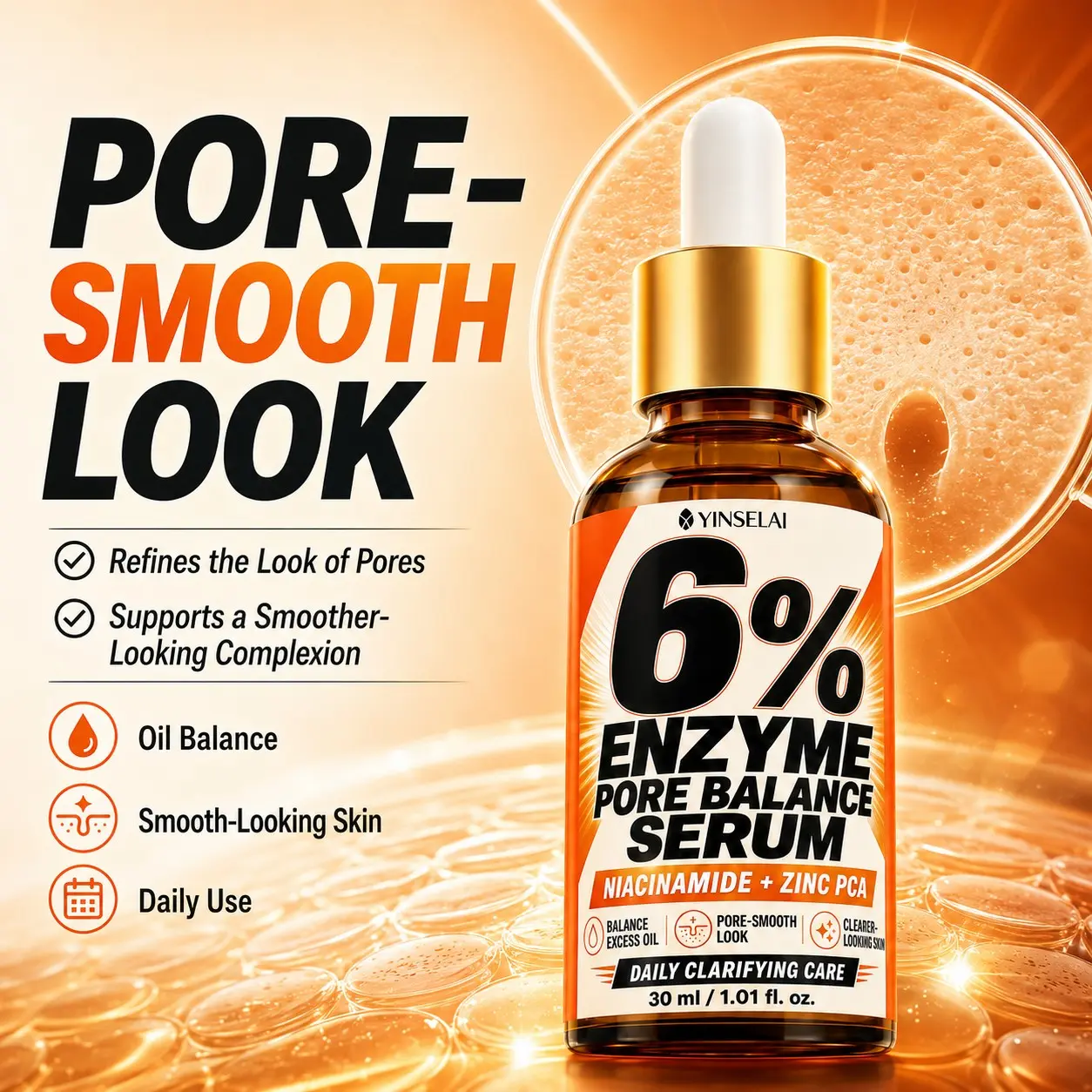 6% Enzyme Pore Balancing Essence 30ML, Niacinamide + Zinc Pca, Reduces Oiliness, Improves Pores, Smooths Skin, Daily Care for Oily Combination Skin