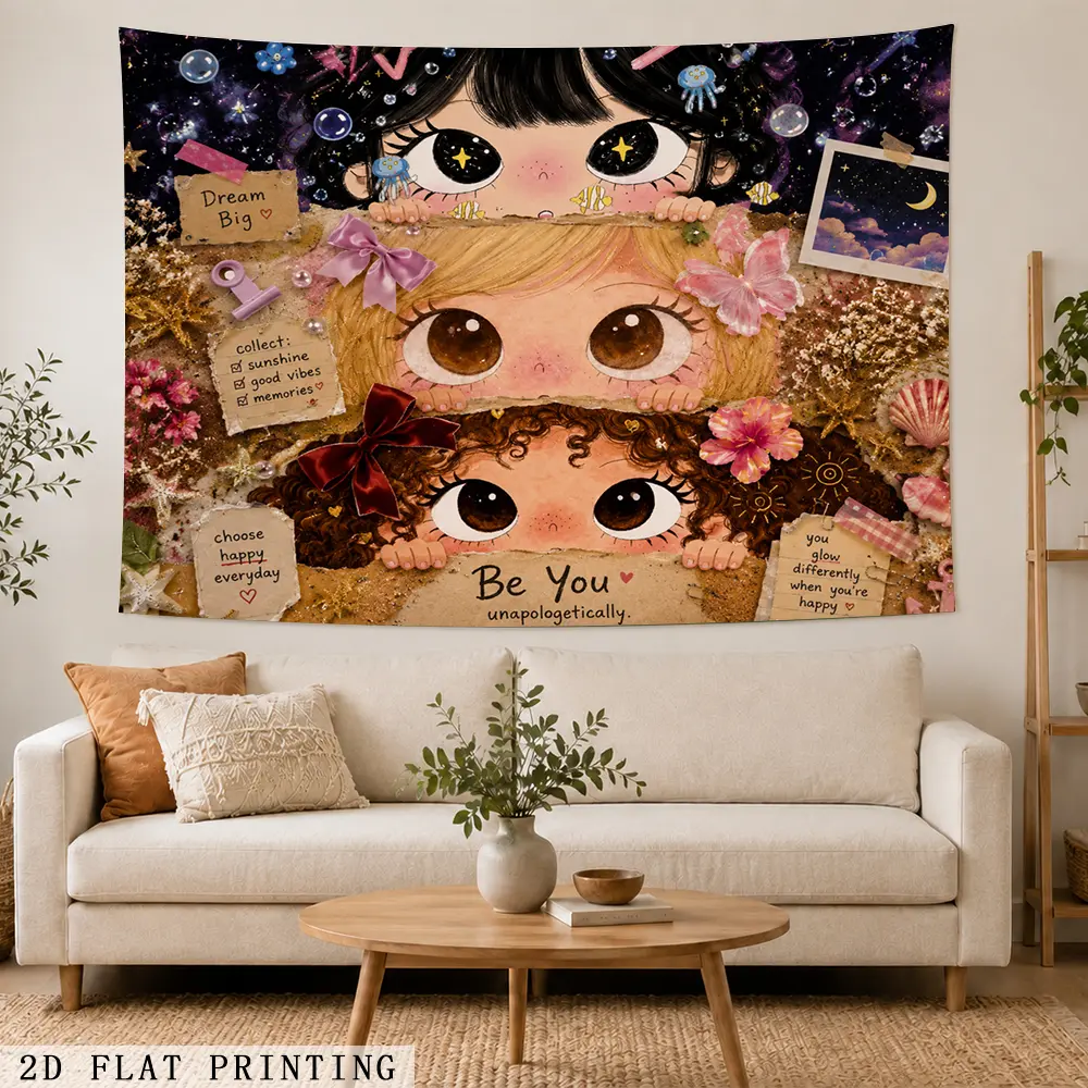 D Flat Cute Big Eye Three Girls Collage Scrapbook Positive Quote Shell Starfish Floral Wall Tapestry 1pcs Vintage Paper Craft Motivational Be You Bedroom Wall Hanging Decor | big eye cartoon girl tapestry, scrapbook collage wall hanging, positive affirmat