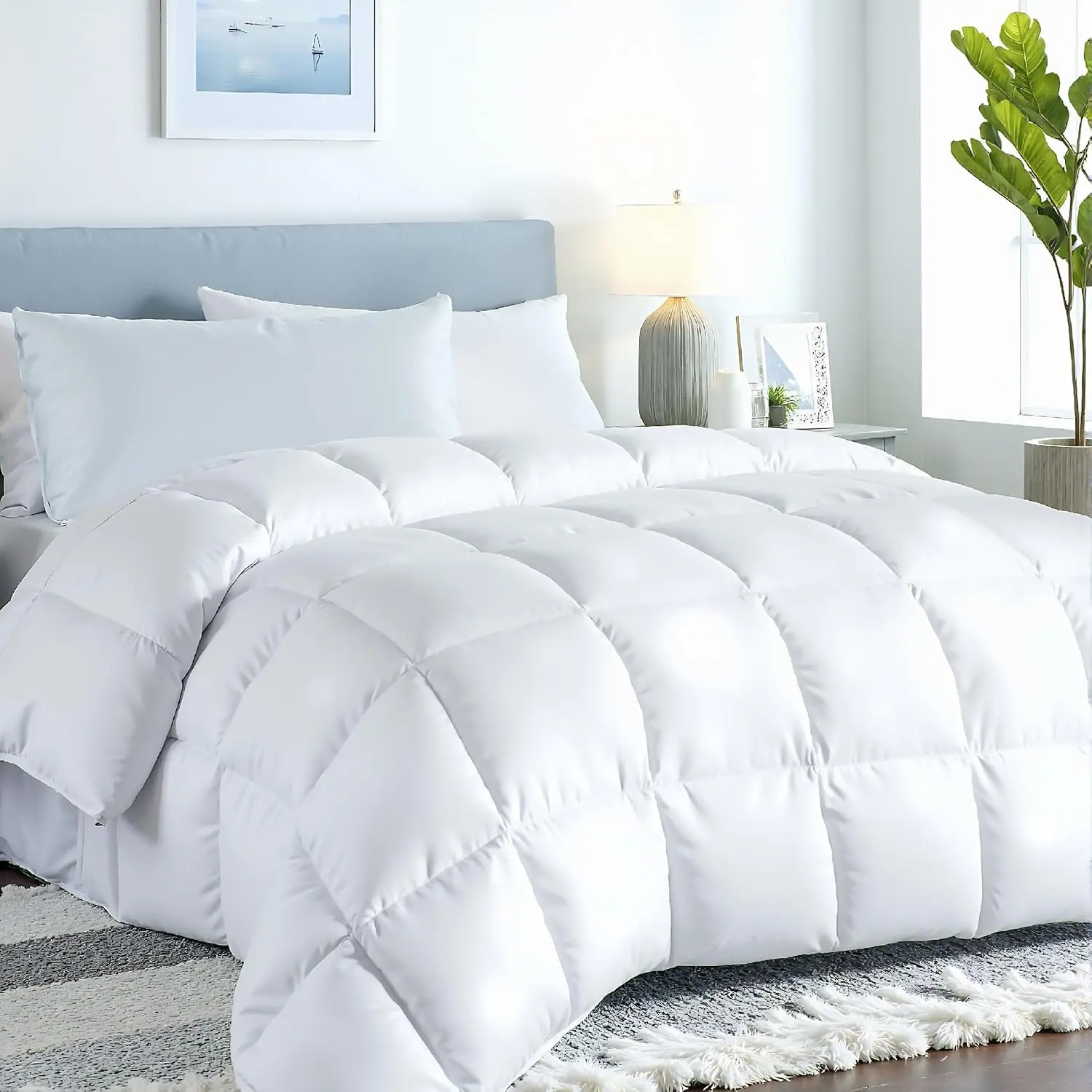 LINENS Comforter - Queen Size Duvet Insert - All Season Soft Quilted Comforters with 8 Corner Tabs - Down Alternative Bedding Comforter - Box Stitched Duvet Insert (White, Queen 88"x88")