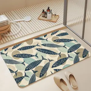 Neutral Vintage Navy Fish Print Diatomaceous Earth Bath Mat, Non Slip Super Absorbent Machine Washable, Coastal Nautical Minimalist Beach Bathroom Shower Floor Decor Rug