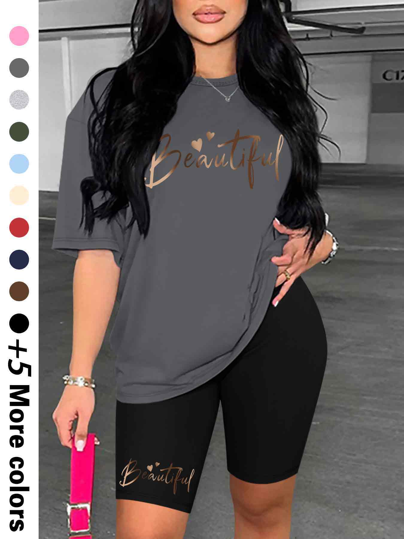 Two-Piece Set Women's Letter Print Crew Neck Tee & Skinny Shorts, Casual Fashion Cozy Round Neck Short Sleeve T-Shirt & Shorts for Daily Outdoor Wear, Ladies Summer Clothes