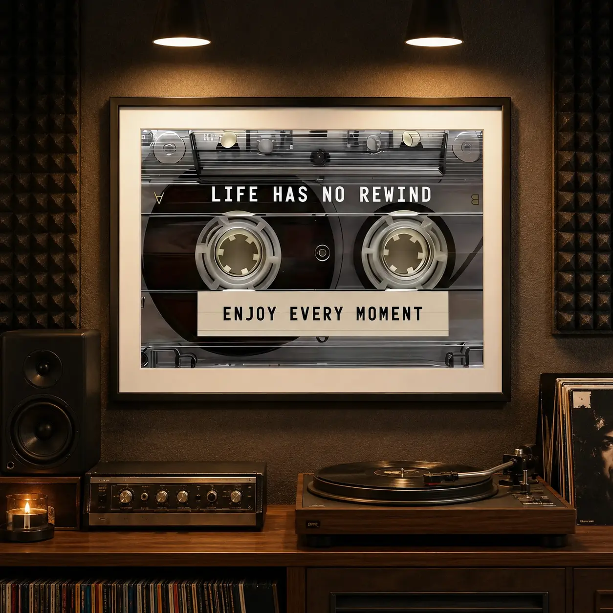 Vintage Cassette Tape Wall Art "Life Has No Rewind" Motivational Poster, Unique Artwork, Retro Music Room Decor Aesthetic, Trendy 2026 Artistic Home Decor, Gift for Music Lovers, Studio & Bedroom Wall Art, Decorative Wall Art, Inspirational Wall Art