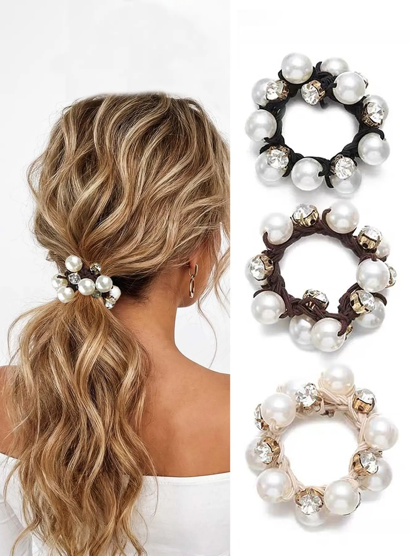 3pcs Women's Elegant Rhinestone Pearl Hairbands, High Elasticity Ponytail Cords, Stylish Hair Accessories for Daily Use