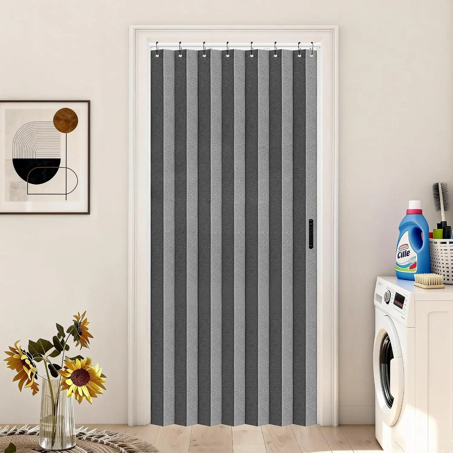 Faux Linen Pleated Folding Privacy Screen Room Divider with Accordion Look for Doorways & Open Closets, 1 Panel with Tieback, W39 x L78, Grey