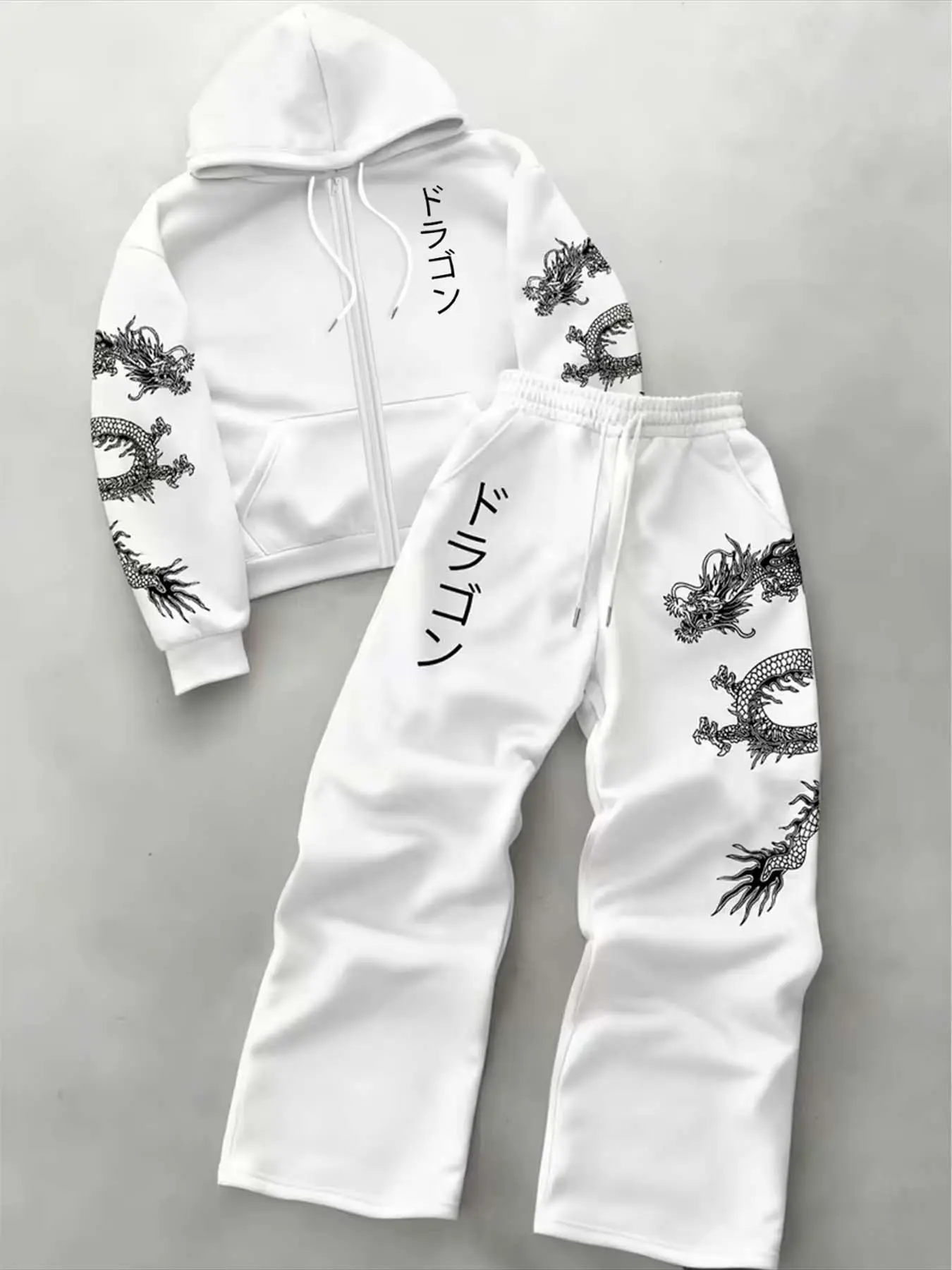 Trendy Men's Japanese Style Dragon Pattern Print Set, Versatile Hooded Zipper Jacket with Drawstring Loose Fit Pants, Outdoor Casual Fashion Set