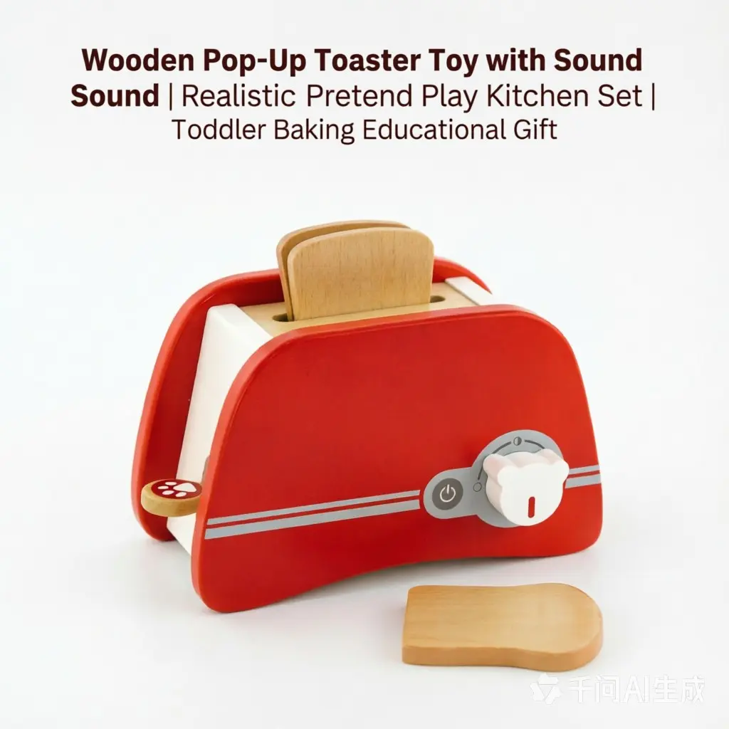 Wooden Toaster Toy with Sound, Interactive Kitchen Pretend Play for Kids, Solid Wood, No Precious Metal Plating, Harvested in China