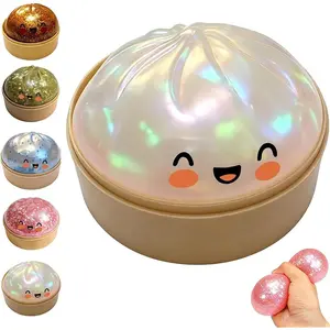 Glitter Dumpling Squishy with Steamer Box, Stress Relief Squeeze Fidget Toy, Glitter Mystery Dumpling Toy for Adults & Kids, 5 Color Options (White)