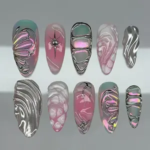 24pcs Almond Shape False Nails, Medium Length, Silver Color Ice Butterfly Design, Removable Nail Art, Single Item Pack