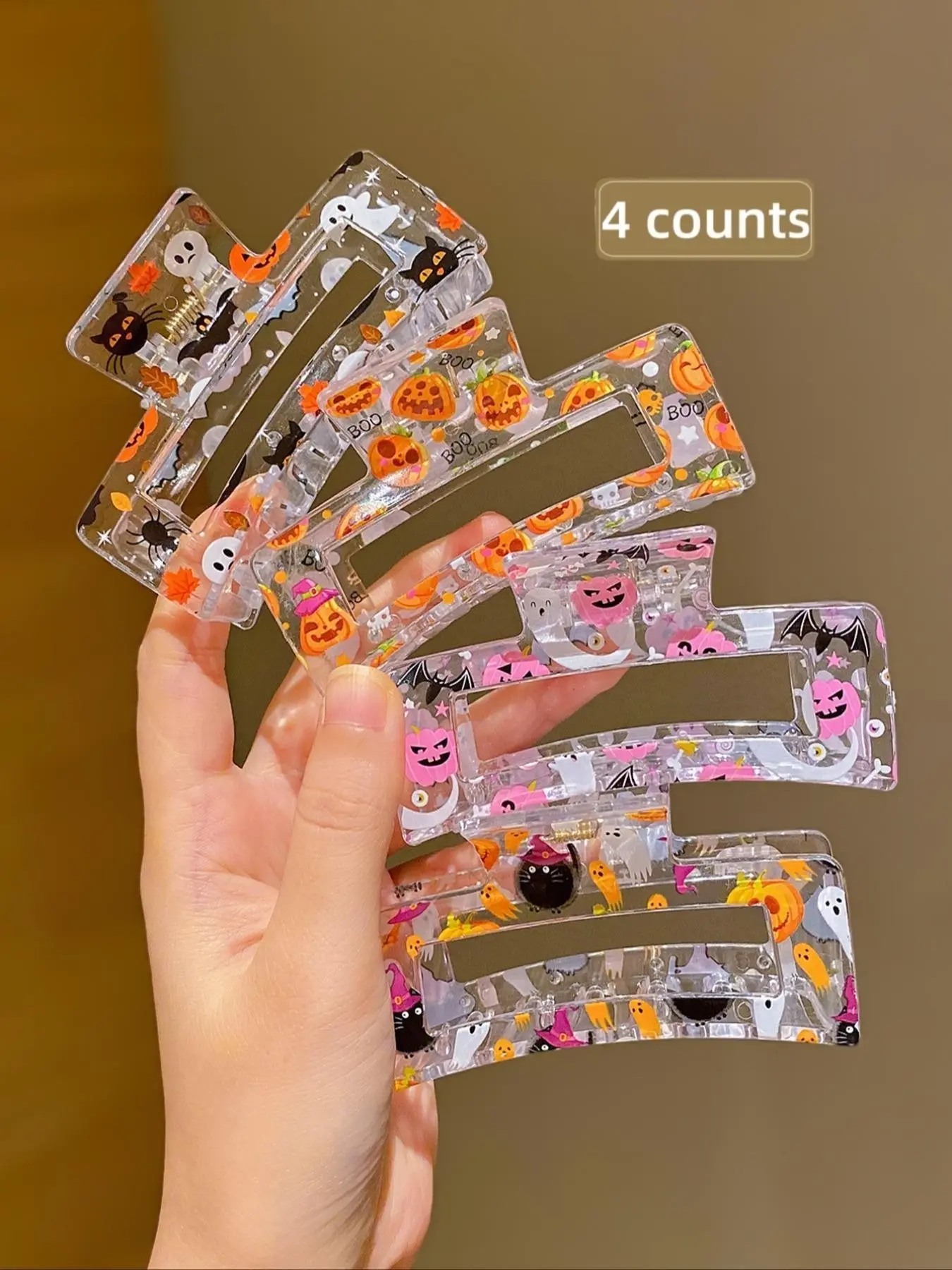 4pcs New Halloween Pumpkin Ghost Print Transparent Square Hair Clips, Women's Back Bun Shark Clip, Fashion Hair Accessories, Hair Claws Set, Super Cute Clips