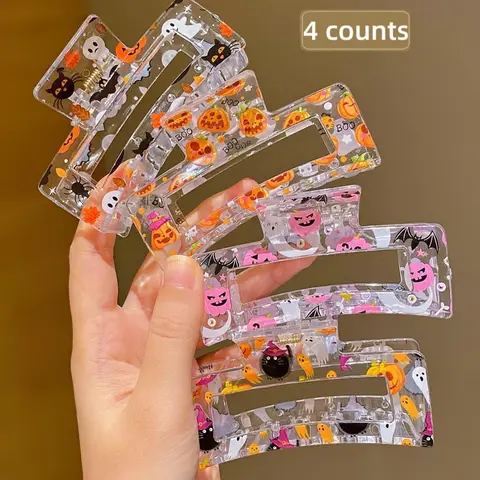 4Pcs Halloween Pumpkin Ghost Print Transparent Square Hair Clips, Women's Back Bun Shark Clip, Hair Claws Set, Fashion Hair Accessories