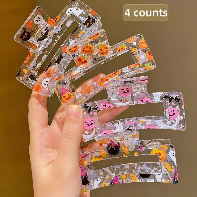 4Pcs Halloween Pumpkin Ghost Print Transparent Square Hair Clips, Women's Back Bun Shark Clip, Hair Claws Set, Fashion Hair Accessories