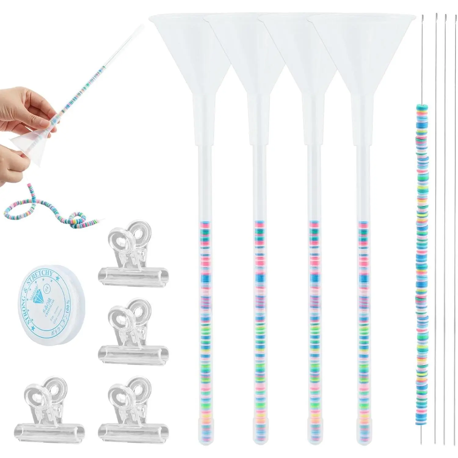 Beading Funnel, Beading Making Kit - 4 count  Making Tools for Clay Beads, Bracelets & Necklaces (Includes Funnels, 0.9mm , Clips)