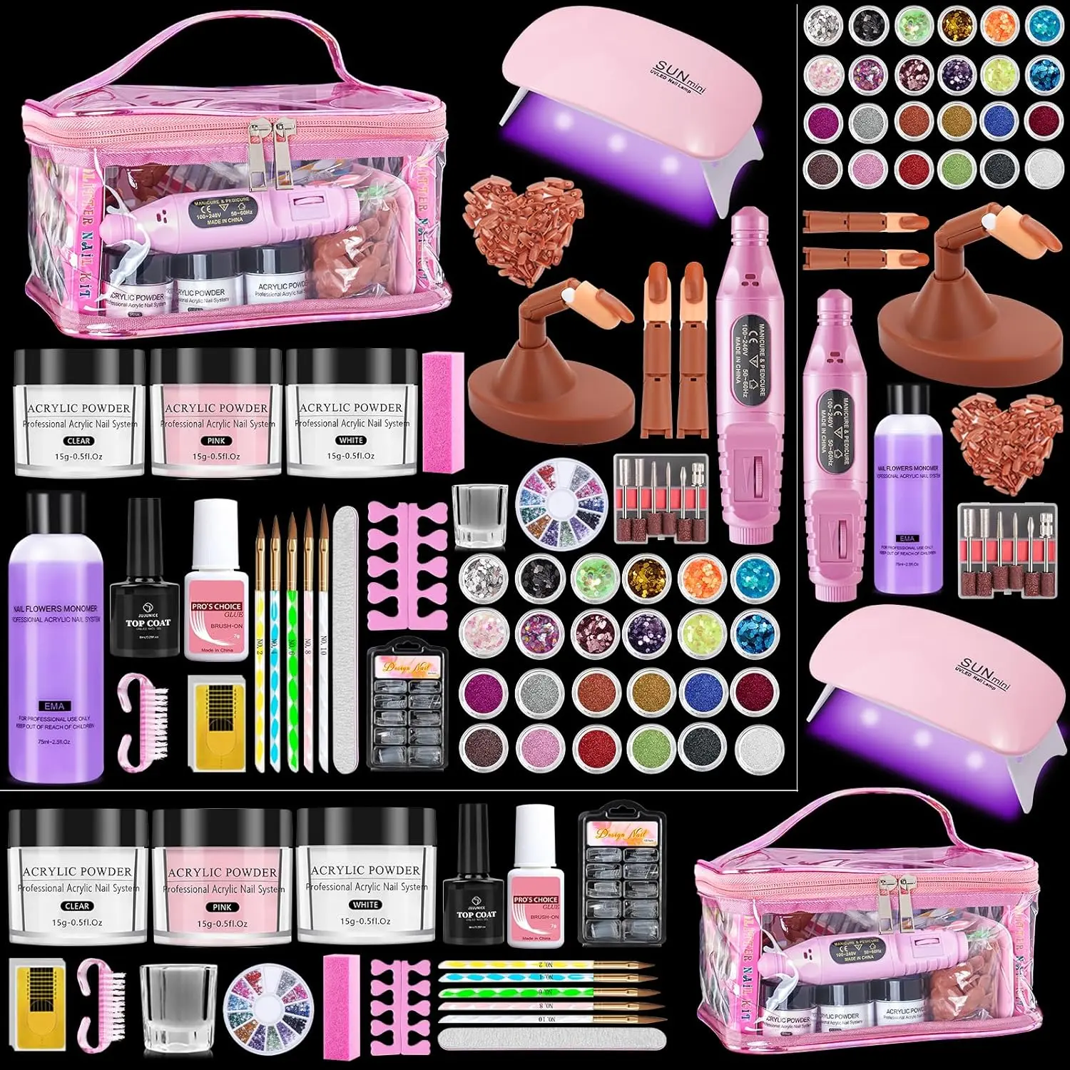 Complete Acrylic Nail Kit for Beginners, Professional All-in-One Nail Set with Acrylic Powder & Liquid, Nail Drill, UV LED Nail Lamp, Practice Nail Finger and Storage Makeup Bag, DIY Manicure Tools for Home Salon Use, Rose Pink