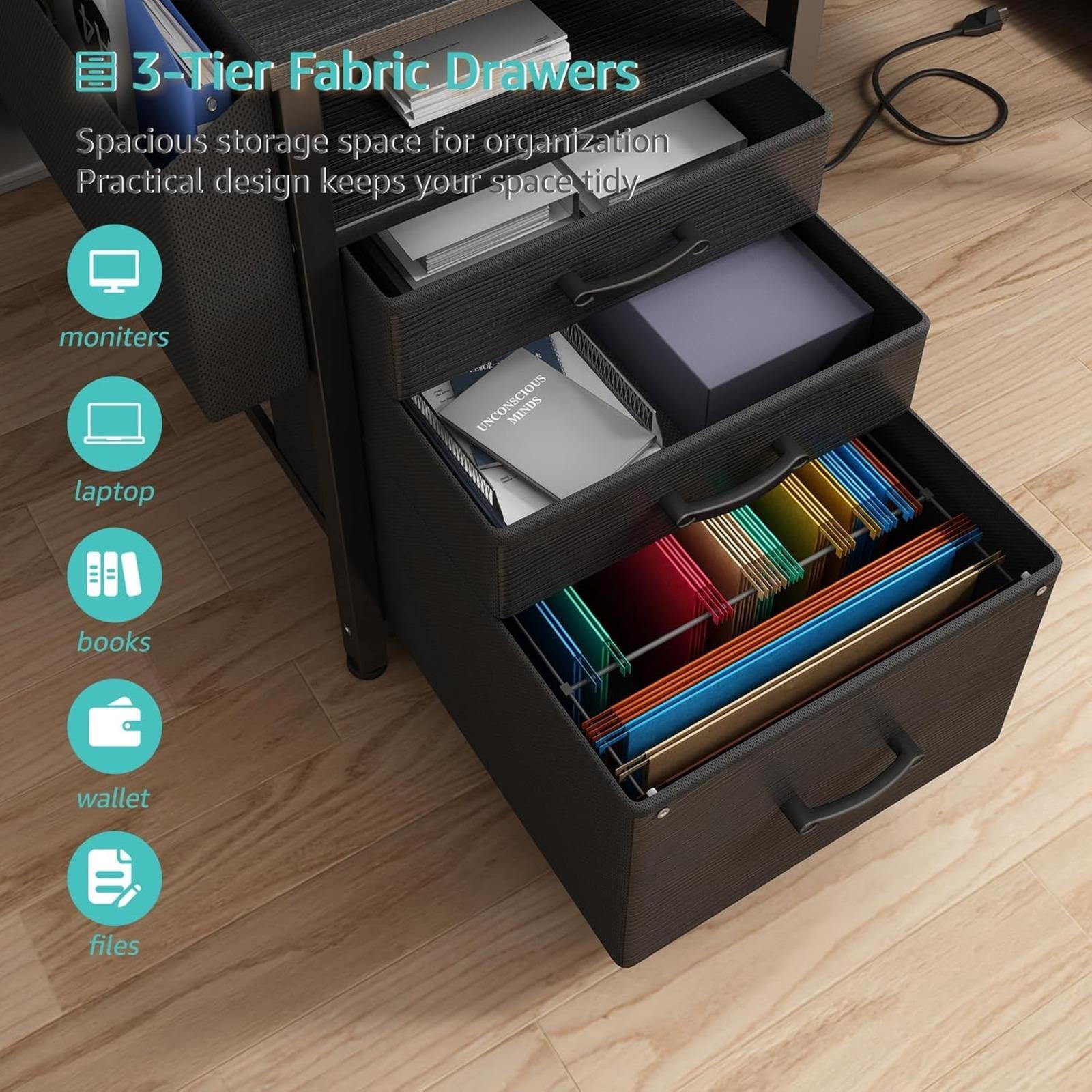 Lufeiya Gaming Desks with Led Lights and Power Outlets, 55 Inch Computer Desk with File Drawers Cabinet, Home Office Desk with Shelves Monitor Stand, Black, Get Free Gift