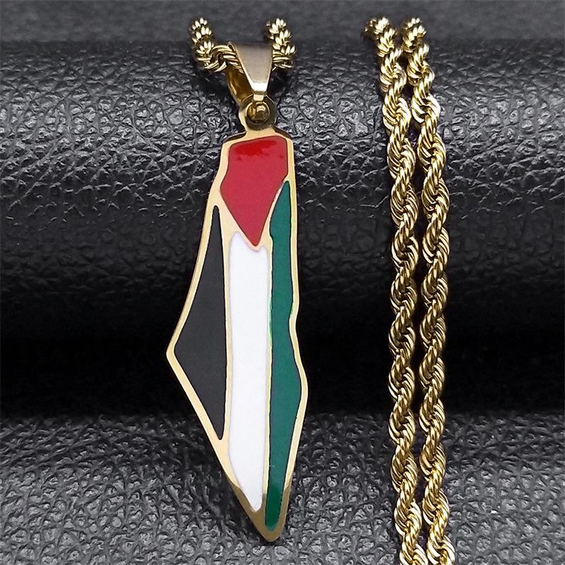 Palestine Map Flag Enamel Pendant Necklace Stainless Steel Rope Chain Fashion Statement Jewelry for Men Women