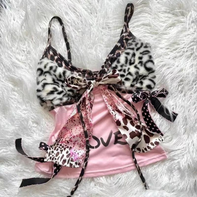 90s Harajuku Vintage Slim Camisole Subculture Leopard Patchwork Bow Halter Vest Y2K Aesthetic Letter Print Tanks Slim Women Tops