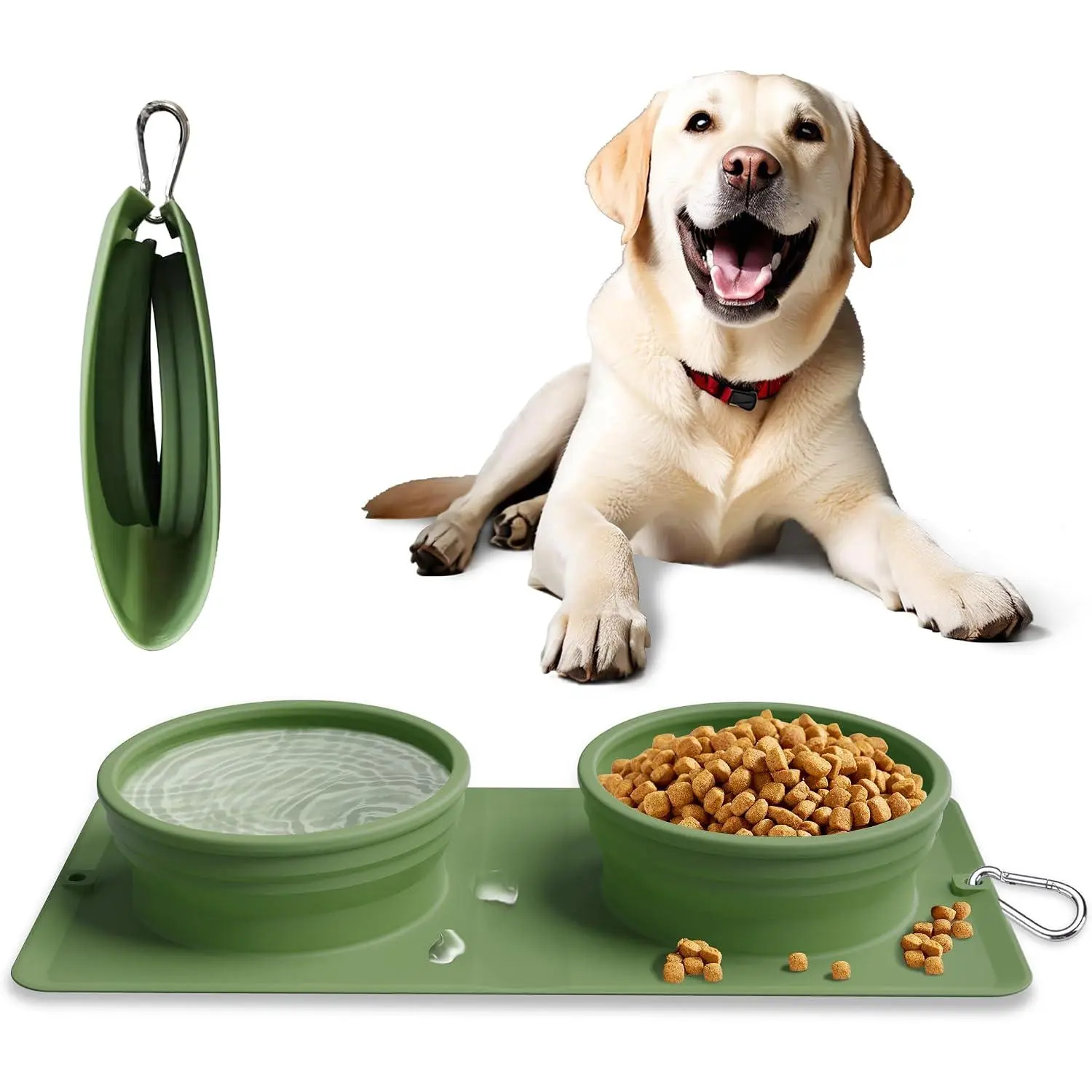 Collapsible Portable 2-in-1  Bowl, Integrated Travel /  Water Bowl,  Foldable Expandable Bowl with Carabiner - Anti-Spill and Anti-Skid - for Camping/Traveling  (Green)