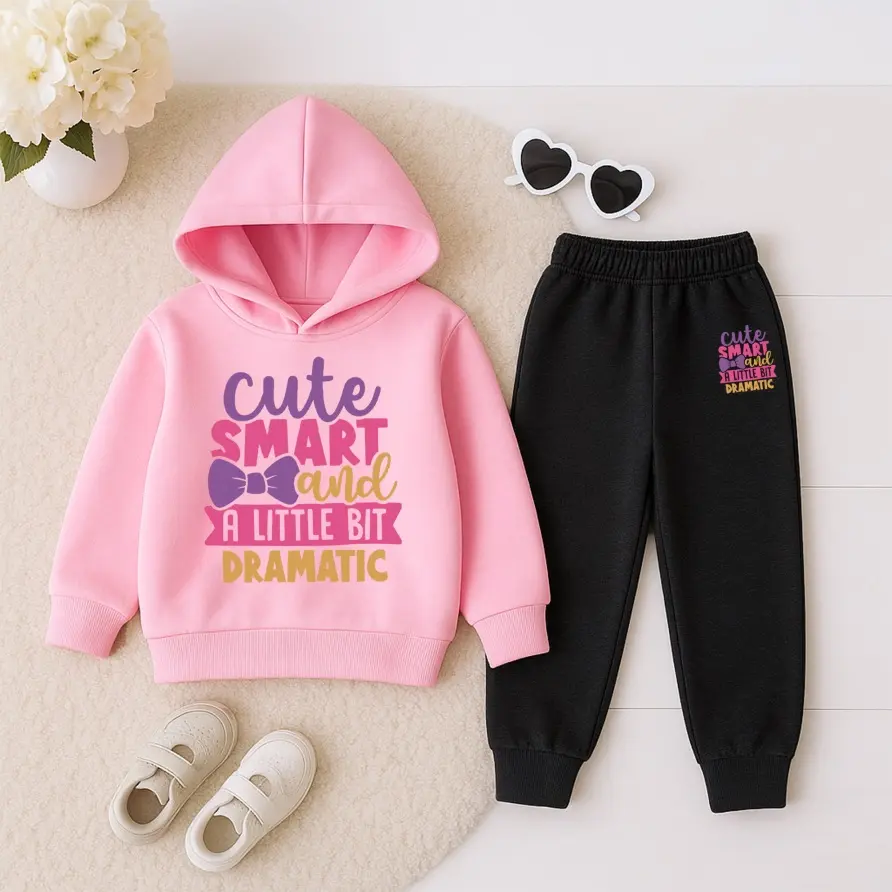 Girls' Cute And Smart Print Hooded Tracksuit Set, Featuring A Fleece-Lined Hoodie And Sweatpants, Perfect For Sports, Casual Wear, And Jogging In Autumn And Winter, Suitable For Both Indoor And Outdoor Activities.