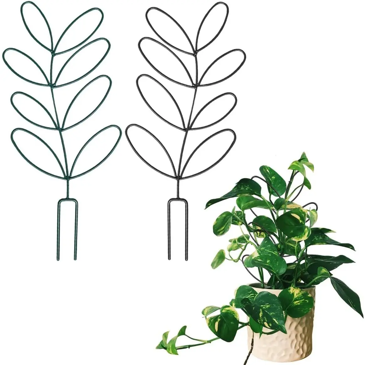 2-Pack Rust-Resistant Steel Wire Leaf-Shape Plant Support Trellis, 12.6x5.3in Small Blackish Trellis for Indoor Potted Houseplants, Outdoor Garden Use to Supports Plants