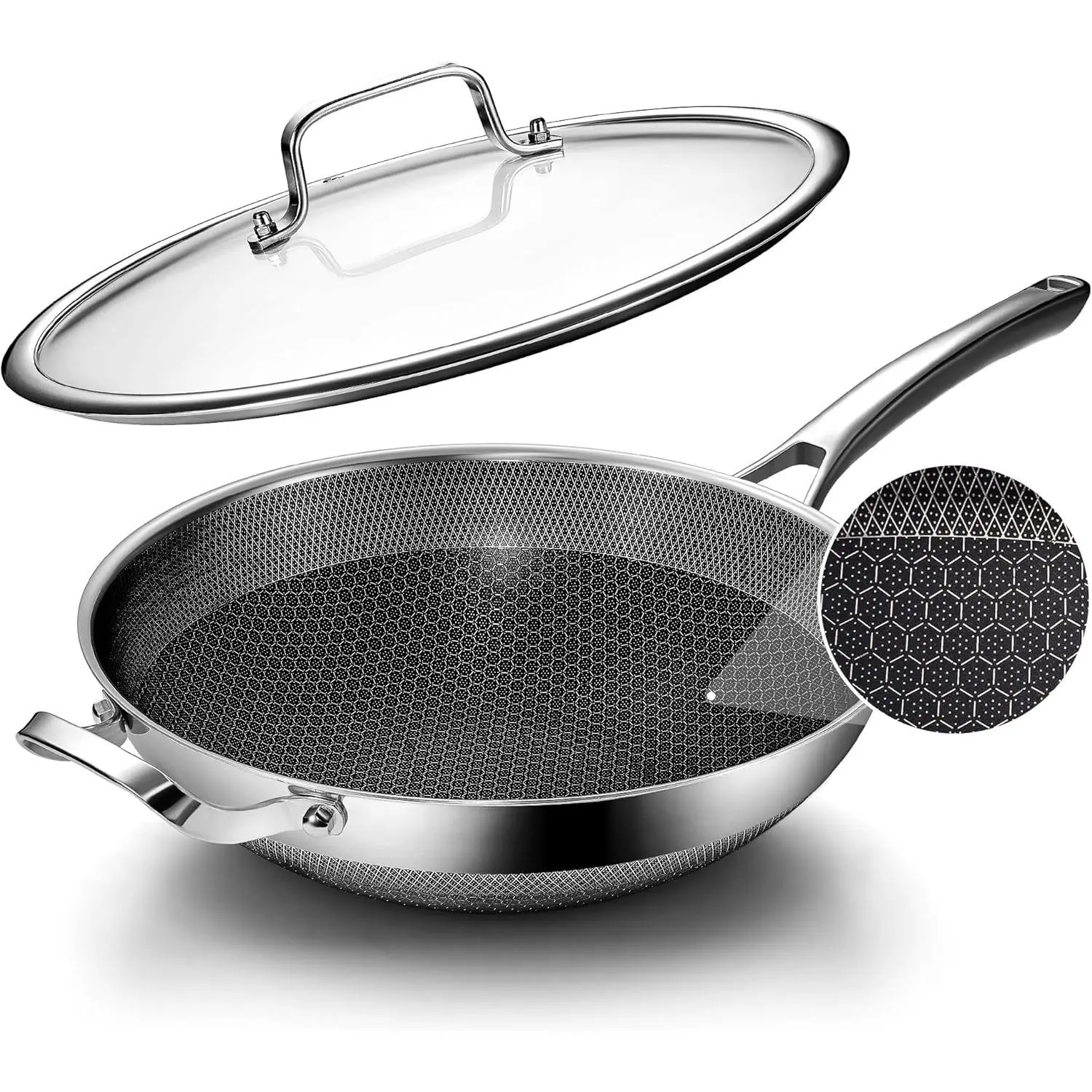 Wok Pan,12 Inch Hybrid Wok with Lid, Frying Pan Cookware, Stainless Steel Woks & Stir-fry Pans Nonstick, Dishwasher Safe, PFOA Free, Compatible with All Cooktops