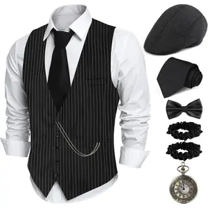 1920s Mens Roaring 20s Costume Outfit Accessories with Vest Hat Pocket Watch Tie Armband
