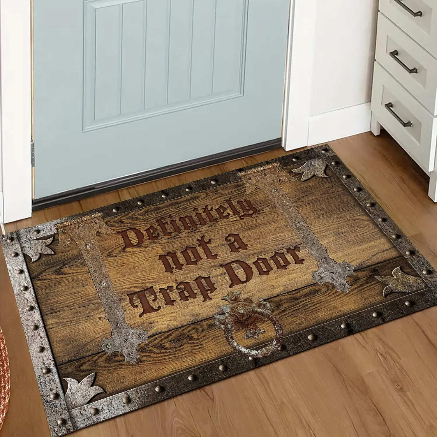 Non-Slip Vintage Wood "Definitely Not A Trap Door" Funny Slogan Doormat, Absorbent Rustic Gothic Home Decor Floor tuff rugs , Anti-Shrink Durable Textile for Entryway, Front Door, Kitche, Entryway Decor, Indoor, Funny Quote, One-Piece