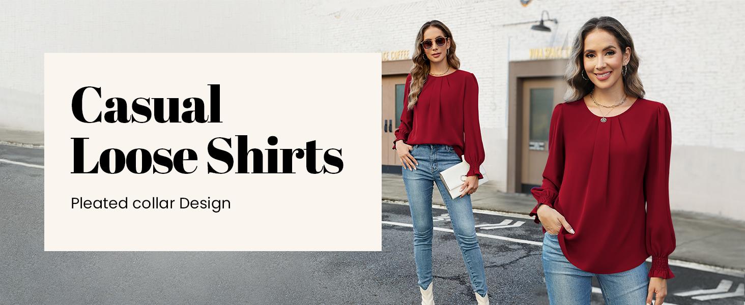 Womens Long Sleeve Chiffon Blouses Dressy Casual Smocked Work Shirts Loose Pleated Crew Neck Fall Spring 2026 Wine Red Large #Springfresh