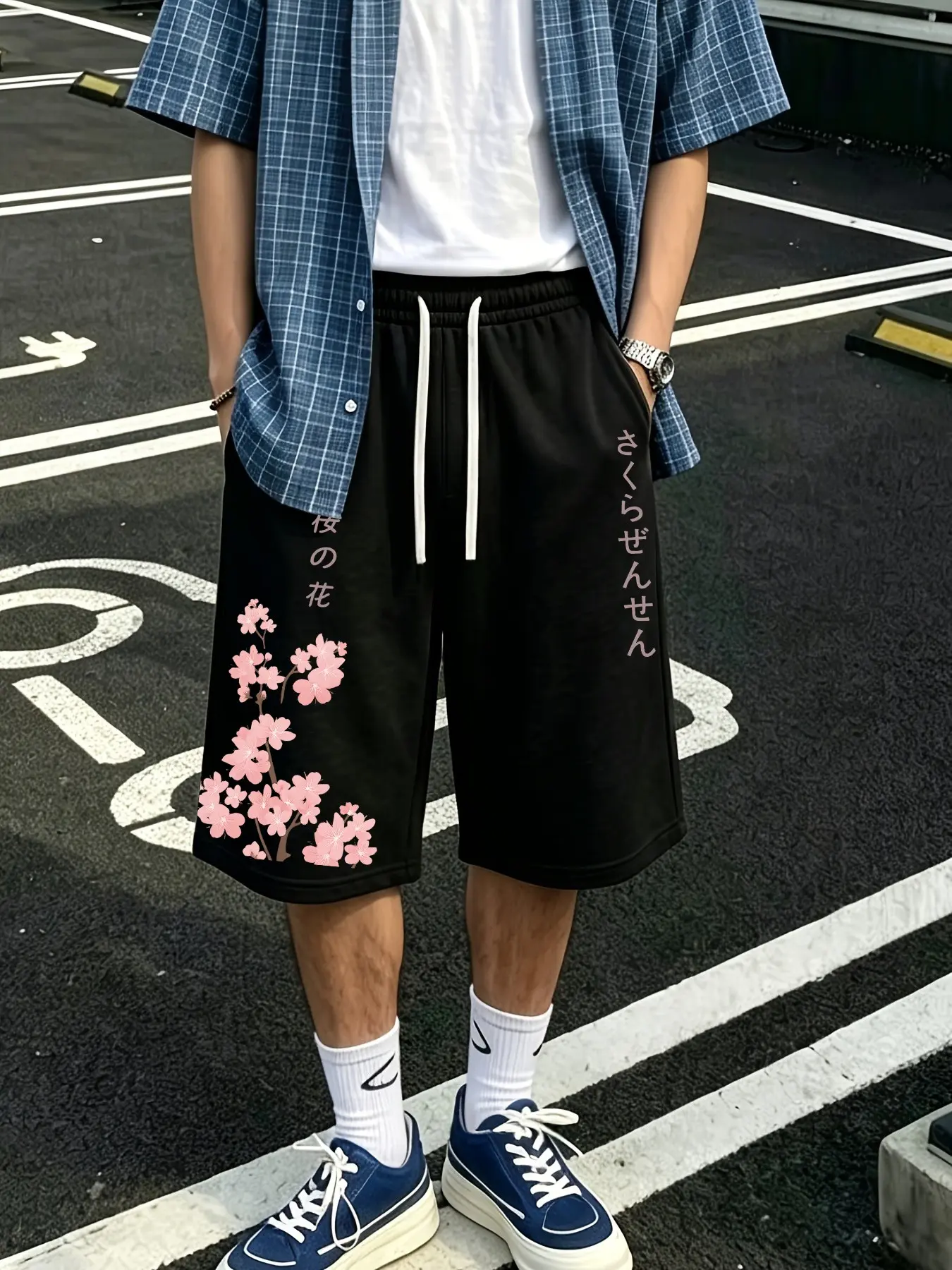 Men's Loose-Fit Seven-Quarter Pants, Japanese Street Style, Cherry Blossom Print, Casual Unlined Sportswear, Batch Number 4722442576