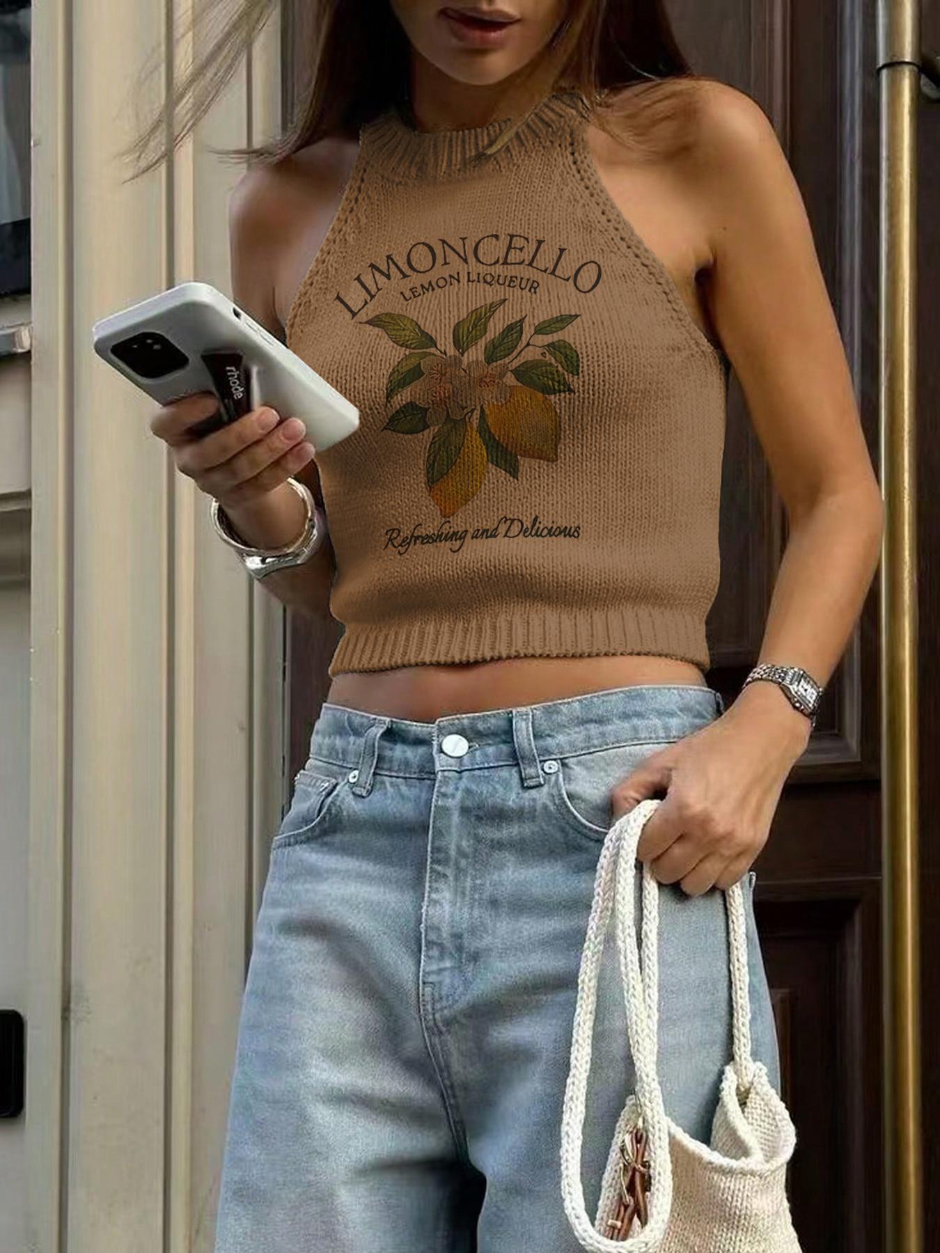 Women's Lemon Print Round Neck Crop Sweater Vest, Casual Lettuce Trim Sleeveless Knit Tank Top for Summer, Fashion Women's Knitwear for Daily Wear