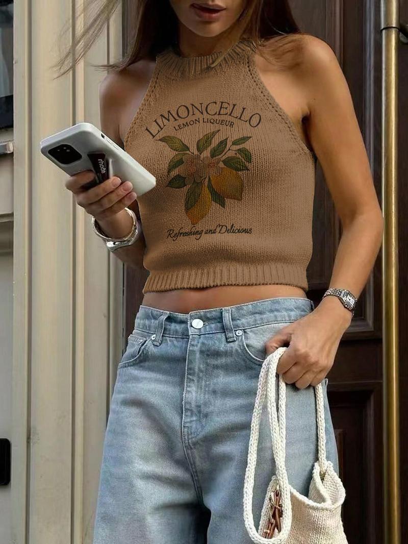 Women's Lemon Print Round Neck Crop Sweater Vest, Casual Sleeveless Knit Tank Top for Summer, Fashion Women's Knitwear for Daily Wear