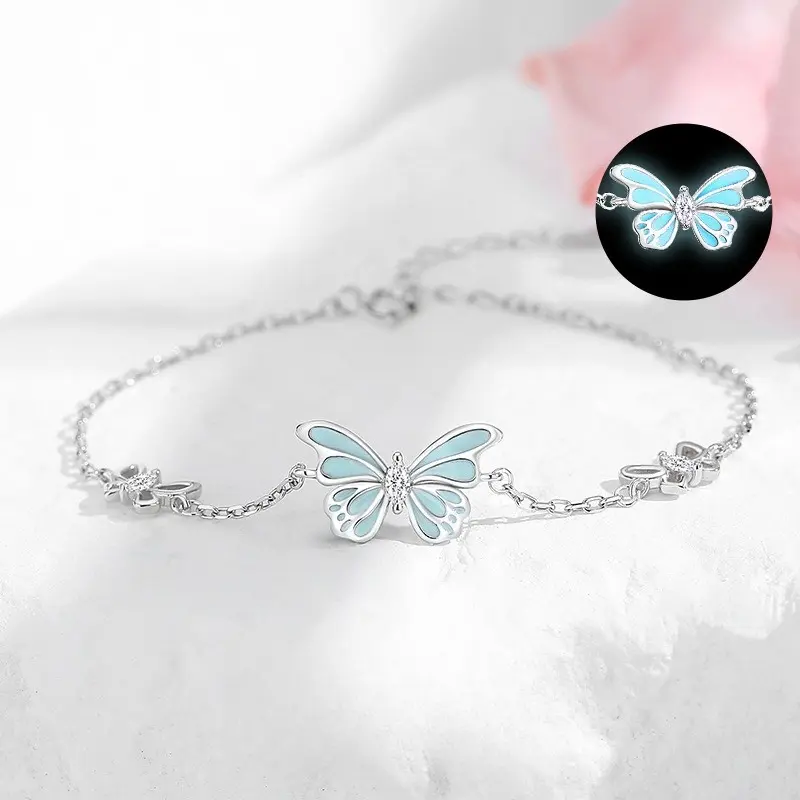 Women's Dainty Forest-Style Glow-in-Dark Blue Butterfly Bracelet - Copper Alloy, Drip Glue Process, Adjustable Clasp, Tarnish-Free, Minimal Light Luxury Niche Bangle, Valentine’s Day Gift for Best Friends