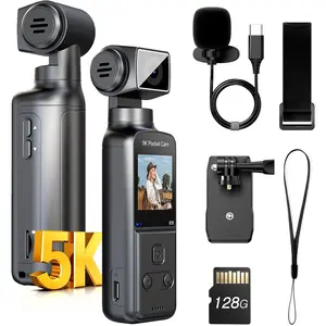 5K  Camera with Microphone, W5 Vlogging Camera, 5K/15FPS and 4K/60FPS with 270° Rotating Lens, External Mic Support, Clip/Strap Options, EIS Stabilization for Meeting, and Daily Use (128GB)