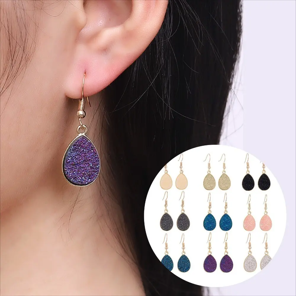 Women's 2-Pairs Druzy Crystal Teardrop Ear Jewelry, Minimalist Dainty Stud Dangle Metal Hook Earrings, Lightweight Secure Close Geometric Everyday Wear Bag Charm Accessory