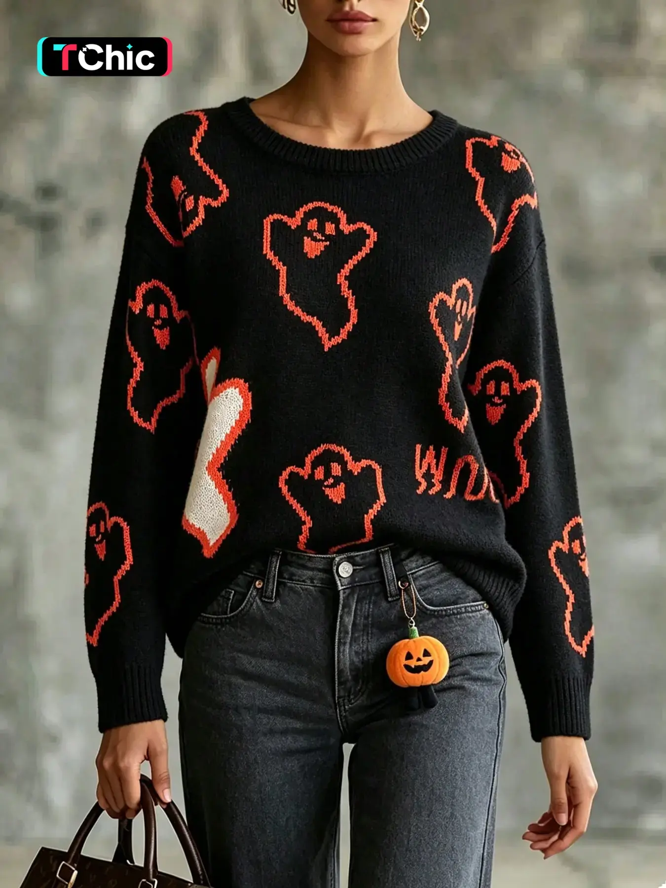 Women's Round Neck Colorblock Ghost Jacquard Casual Loose Long Sleeve Knit Pullover, Halloween, Fall Winter Fashion