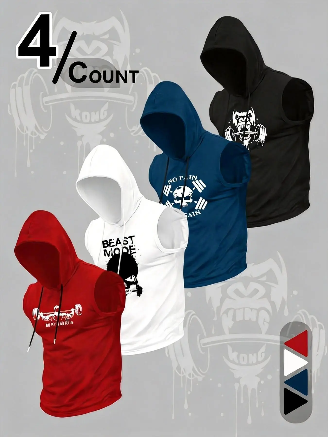men hooded sleeveless tank top gorilla skull dumbbell fitness slogan print multi‑color gym training casual hoodie vest