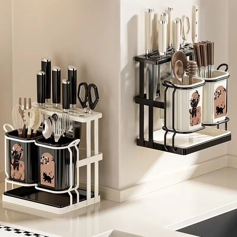 2-Color Carbon Steel Kitchen Utensil Rack, Durable Wall-Mounted Storage, Cute Cat Design, Ideal for Knives, Chopsticks, Spoons, Forks, Home Kitchenware